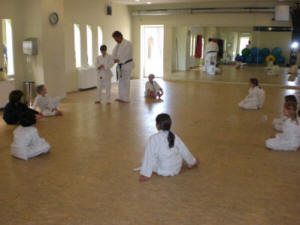 Dienstags-Gruppe 1 -Ein kleiner Teil der 15ner JuDjuSu-Jitsu Gruppe bis 11 Jahre, die auch das Ko Shin Kan Karate trainieren und Formen laufen.Auf Wettkmpfe gehen die Kinder erst 2008.